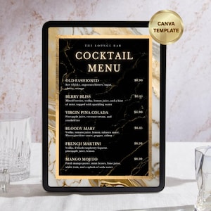 Glam Drinks Menu Template | Marble Black Gold Luxe Editable Canva Price List | Cocktail Menu | Mobile Bartending