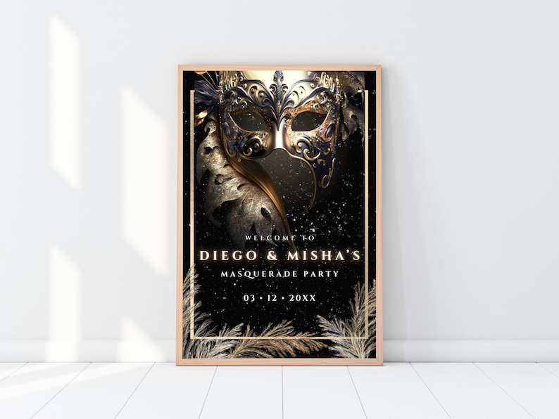 Event Welcome Sign Template | Black Tie Gold Masquerade Ball Party ...