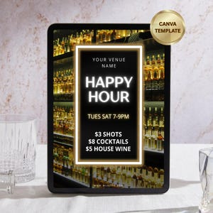 Puede incluir: Una tableta digital muestra un anuncio de Happy Hour. El fondo negro presenta un marco blanco brillante con el texto "Happy Hour" y detalles sobre chupitos, cócteles y vino. Una insignia dorada de Canva Template está en la esquina superior derecha.