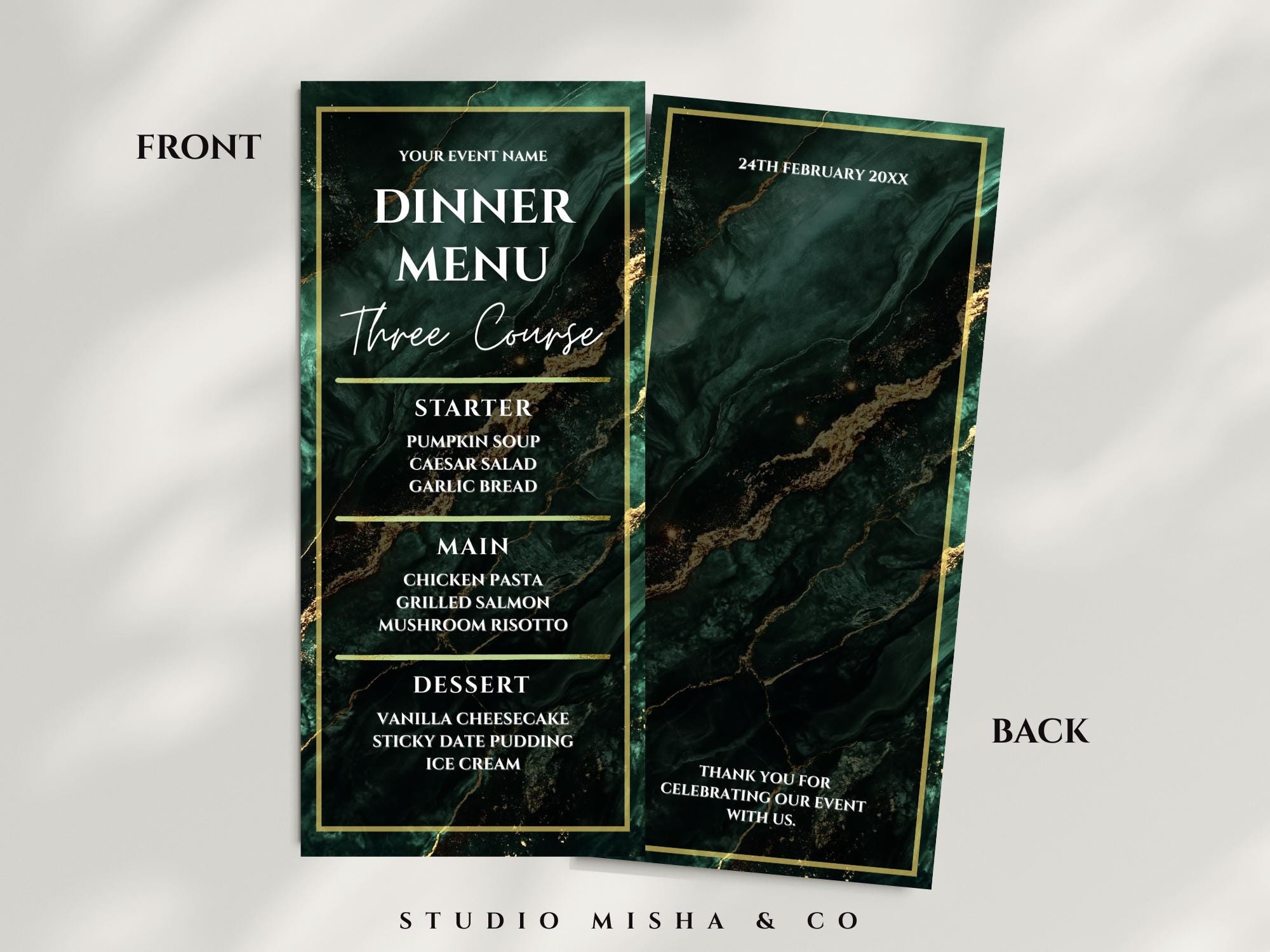Formal Dinner Menu Template | Black Tie Corporate Event | Emerald Green ...