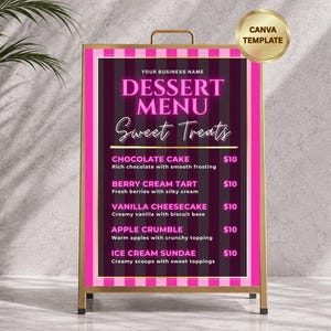 Puede incluir: Un tablero de menú de metal con un fondo de rayas negras y moradas oscuras y bordes de color rosa brillante. El texto dice DESSERT MENU, Sweet Treats, y enumera artículos como Chocolate Cake, Berry Cream Tart y Vanilla Cheesecake.