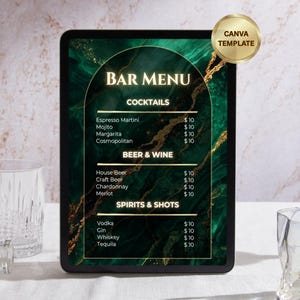 Glam Drinks Menu Template | Emerald Green Gold Luxe Editable Canva Price List | Cocktail Menu | Mobile Bartending