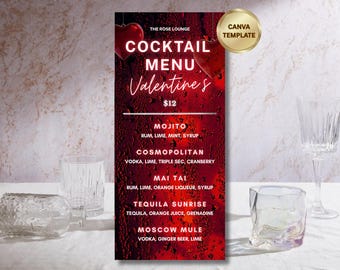 Plantilla de menú de San Valentín / Rojo neón / Menú de bebidas editable en Canva / Descarga digital imprimible
