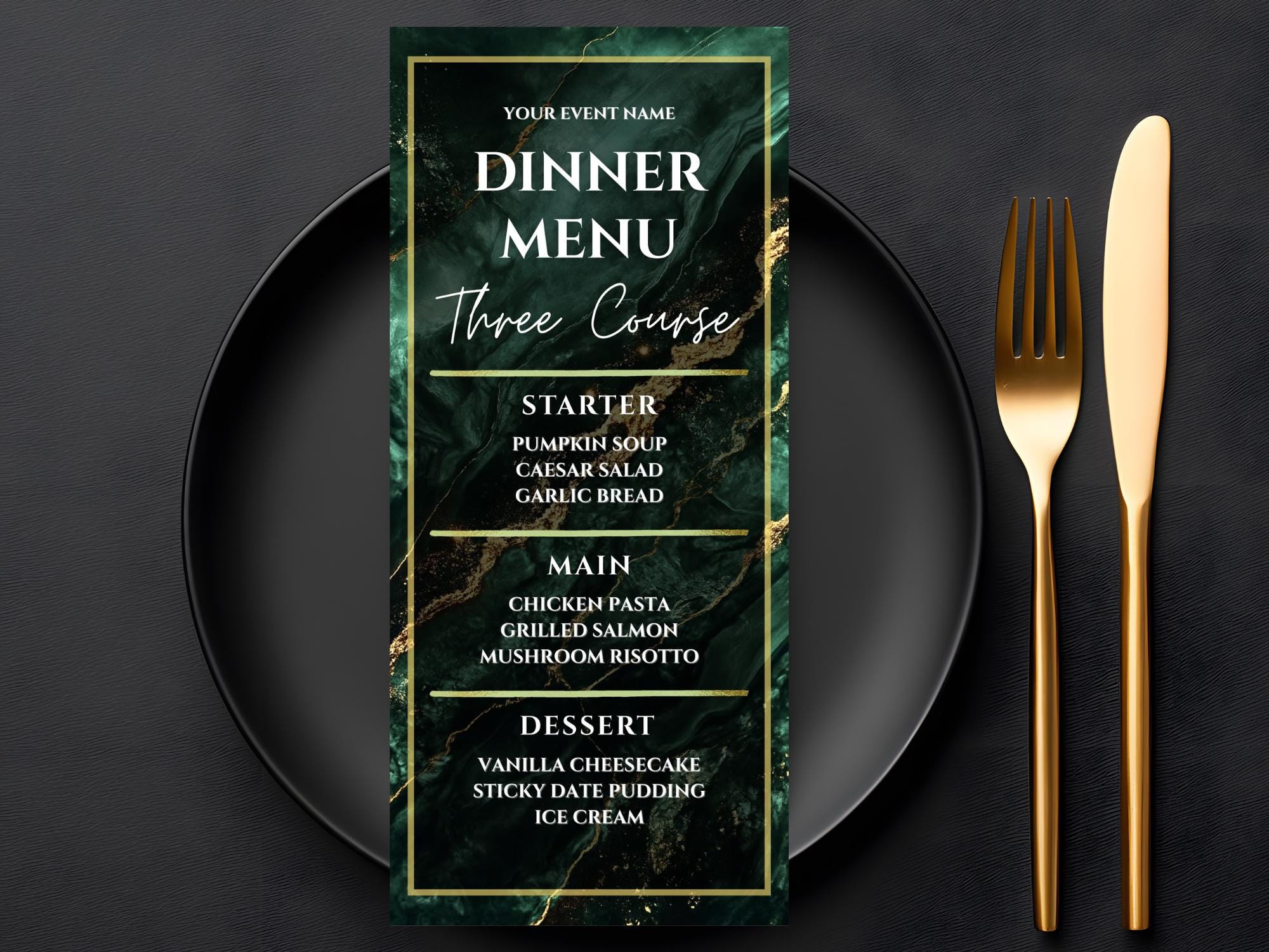 Formal Dinner Menu Template | Black Tie Corporate Event | Emerald Green ...