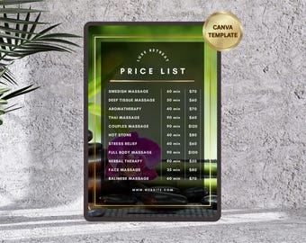 Sjabloon prijslijst massagespa | Bewerkbaar Resort Retreat Wellness Canva-servicemenu | Afdrukbare digitale download