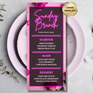 May include: A pink and black brunch menu with the words "Sunday Brunch" in a neon style font. The menu includes starters, main courses, and desserts. A gold fork and knife are on the right side of the image, and a gold Canva template logo is in the top right corner.