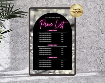 Mall för prislista | Redigerbar Glam Business Canva-servicemeny | Utskrivbar digital nedladdning