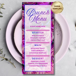 May include: A vertical brunch menu template featuring a vibrant pink rose background with neon blue and pink text. The menu includes sections for Starter, Main, and Dessert, with placeholders for event names and food items, plus a gold Canva badge.