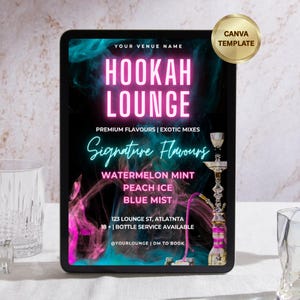 Sjabloon folder waterpijp | Shisha-loungeposter | Bewerkbaar canvasontwerp Neon Club-evenement | Digitale download