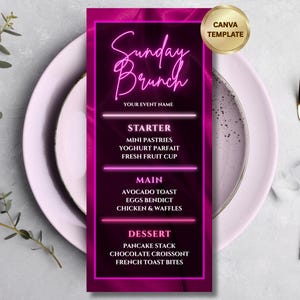 May include: A neon pink menu card for "Sunday Brunch" with a list of dishes including avocado toast and pancakes. The card is on a white plate with gold cutlery. The menu also includes the text "CANVA TEMPLATE".