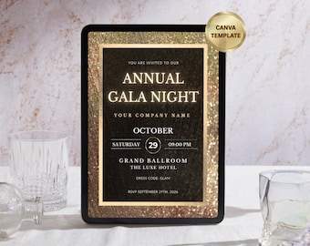 Gala Event Template Invitation | Corporate Awards Night Black Tie | Black Gold Invite | Editable Digital Canva Design
