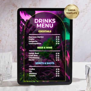Neon Drinks Menu Template | Editable Canva Template | Tropical Cocktail Menu for Bars, Birthdays, Events | Mobile Bartending