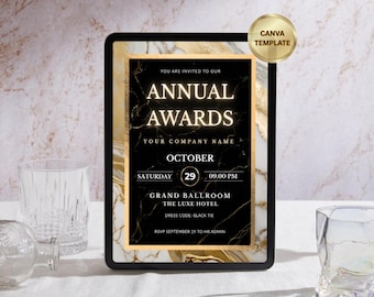 Könnte beinhalten: Eine digitale Einladung für eine jährliche Preisverleihung. Das Design zeigt einen schwarzen und goldenen Marmorhintergrund mit dem Text "Annual Awards" in einer leuchtenden Schriftart. Das Datum ist der 29. Oktober, mit dem Dresscode Black Tie.
