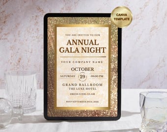 Könnte beinhalten: Eine digitale Einladung für eine jährliche Gala-Nacht, mit einem goldglitzernden Rahmen und einem cremefarbenen Zentrum mit Veranstaltungsdetails. Der Text enthält Datum, Uhrzeit und Kleiderordnung. Ein goldener Canva Template-Badge befindet sich oben rechts.