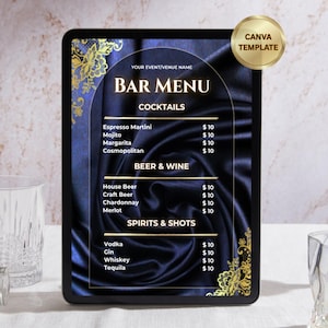 May include: A digital tablet displaying a bar menu template with a dark blue satin background, gold lace accents, and an arched frame. The text includes "BAR MENU," "COCKTAILS," "BEER & WINE," "SPIRITS & SHOTS," and a "CANVA TEMPLATE" gold circular badge.