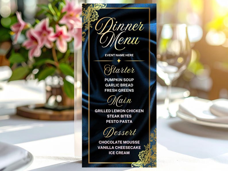 Blue Gold Formal Dinner Menu Template | Black Tie Event Gala Birthday ...