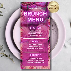 May include: A brunch menu with a floral rose design. The menu includes starters, main courses, and desserts. Gold cutlery and a plate are on the right. The menu is on a white plate.