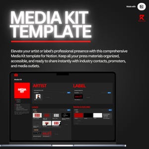 Può includere: Uno schermo di un laptop mostra un modello di Media Kit. Il titolo "MEDIA KIT TEMPLATE" è in grandi lettere bianche con una sottolineatura rossa. Il modello è progettato per artisti ed etichette, con sezioni per loghi e linee guida del marchio.