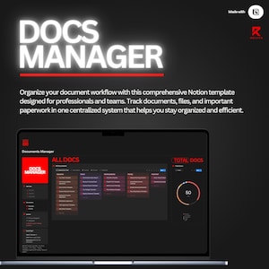 May include: A laptop screen shows a Notion template called "DOCS MANAGER." The interface uses a red and black colour scheme, with sections for documents and a total count of 50. The text "Organize your document workflow" is also visible.
