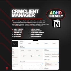 Pode incluir: Um modelo digital de CRM e gestor de clientes Notion exibido num ecrã. A interface apresenta secções para visão geral de clientes, projetos, receitas e seguimentos. O texto inclui CRM/CLIENT MANAGER, ADHD FRIENDLY e o logótipo Notion.