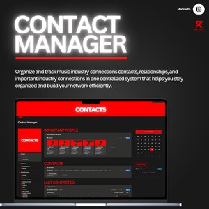 May include: A laptop screen displays a contact management software interface. The interface features a red and black color scheme with the word "CONTACTS" prominently displayed. The software is designed to organize and track music industry connections.