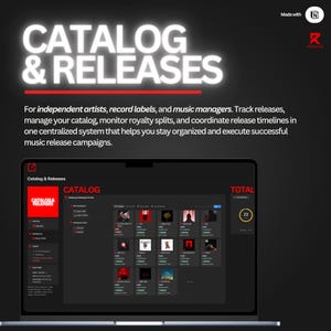 May include: A laptop screen showing a music catalog management system. The screen displays the words "CATALOG & RELEASES" in white. The interface includes album art thumbnails and a total count of 22 releases.