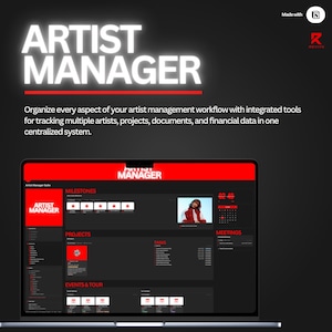 May include: A laptop screen shows the "ARTIST MANAGER" interface. The interface is red and black, with sections for milestones, projects, tasks, and meetings. The text "Organise every aspect of your artist management workflow" is also visible.