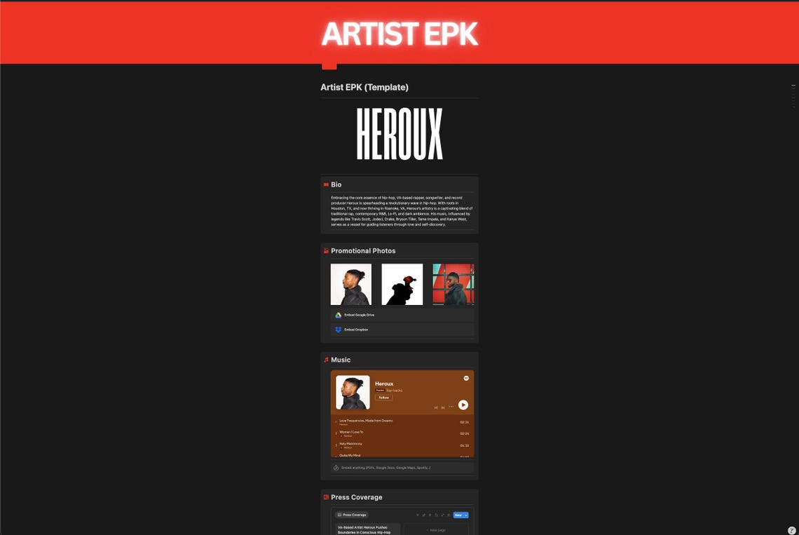 Artist EPK Notion Template Professional Music Press Kit Etsy
