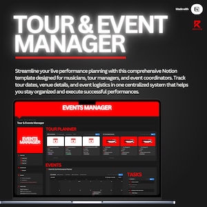 May include: A laptop screen displays a Notion template for tour and event management. The interface features a red and black color scheme with sections for tour planning, events, and tasks. Text includes "TOUR & EVENT MANAGER" and "EVENTS MANAGER."