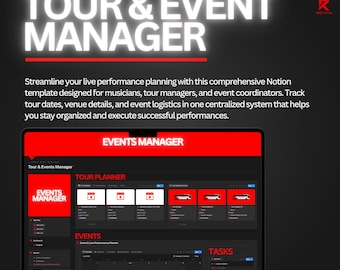 May include: A laptop screen displays a Notion template for tour and event management. The interface features a red and black color scheme with sections for tour planning, events, and tasks. Text includes "TOUR & EVENT MANAGER" and "EVENTS MANAGER."