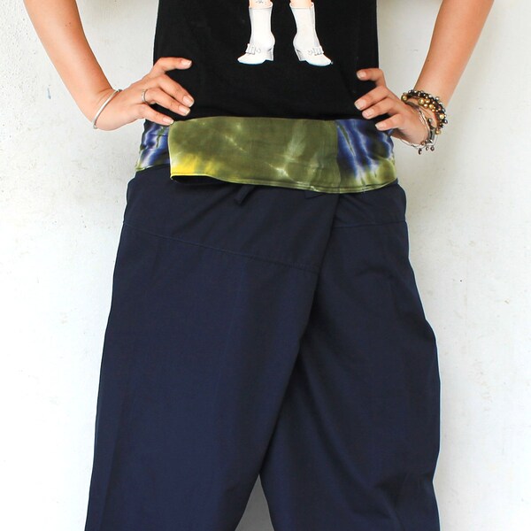 tie dye on waist and blue long Thai fisherman pants hand weave cotton , size S-XL, unisex pants.