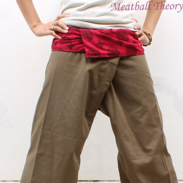 red  print on waist and brown Cotton Thai Fisherman Pants M-L