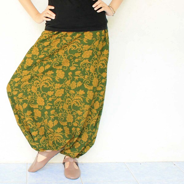 dark olive green vintage  flowers  Hand made draw string  harem pants  , size S-XL,unisex pants.