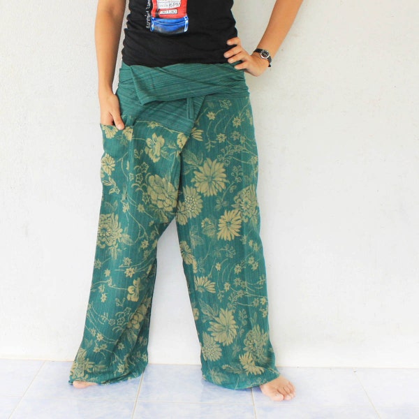 flower print and green hand weave cotton Thai fisherman pants, size S-XL, unisex pants.size S-XL,unisex pants,hippie pants,yoga pants