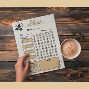 以下が含まれることがあります： クリーム色の背景と木目調の質感の「Daily Habit Tracker」ジャーナル。ジャーナルにはテントのグラフィック、スカルのアイコン、そして「Daily Habit Tracker」のテキストが特徴です。ジャーナルの隣にはコーヒーカップがあります。