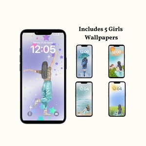 Puede incluir: Un smartphone muestra una ilustración en acuarela de una niña alcanzando estrellas. La pantalla muestra la hora 12:05. La imagen incluye cuatro pantallas de teléfono adicionales con fondos de pantalla temáticos de chicas. Texto: Incluye 5 fondos de pantalla de chicas.