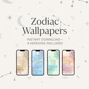 Puede incluir: Fondos de pantalla Zodiac digitales con el signo astrológico de Virgo. La imagen muestra cuatro pantallas de teléfonos inteligentes con diferentes fondos de acuarela y detalles dorados. El texto "Zodiac Wallpapers" y "Virgo" son visibles.