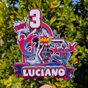 May include: A multi-layered cake topper featuring the number 3 in white with red borders, two Spider-Man figures in red and blue suits, and a blue banner with the name LUCIANO in white letters. Comic book style text bubbles read THWIP and WHAM.