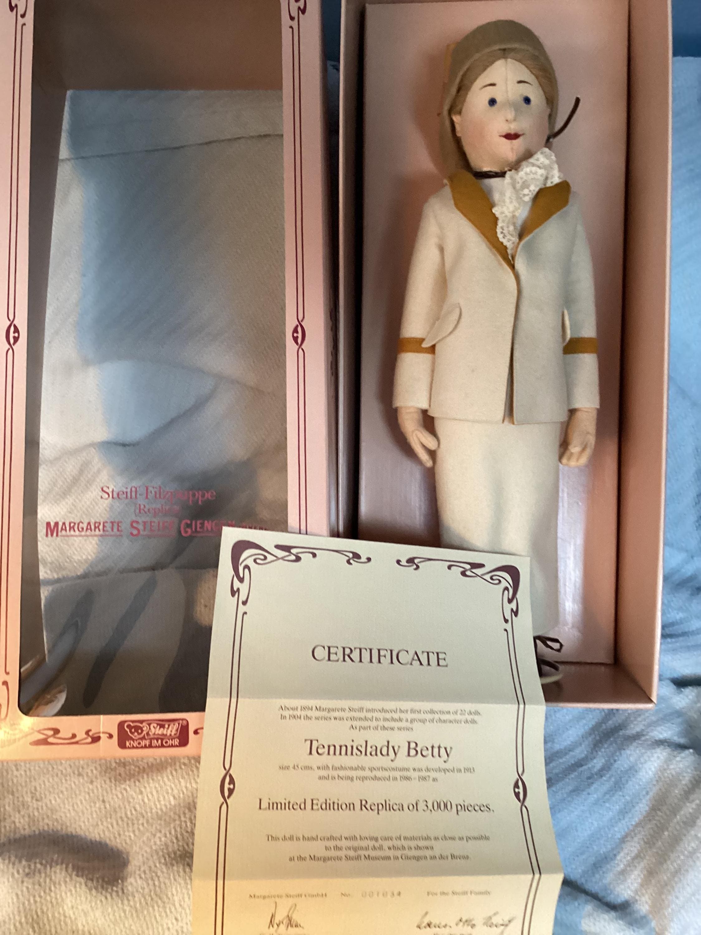 Vintage Steiff Doll Mint in Box 17” Tennis Lady With COA