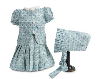 Vintage 3 piece Antique Blue & Beige Print Doll Outfit including Bonnet  for 11-13” Doll