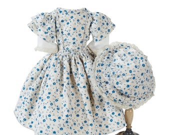 Vintage 3 piece Antique Blue & White Floral Print Doll Outfit including Bonnet  for 11-13” Doll