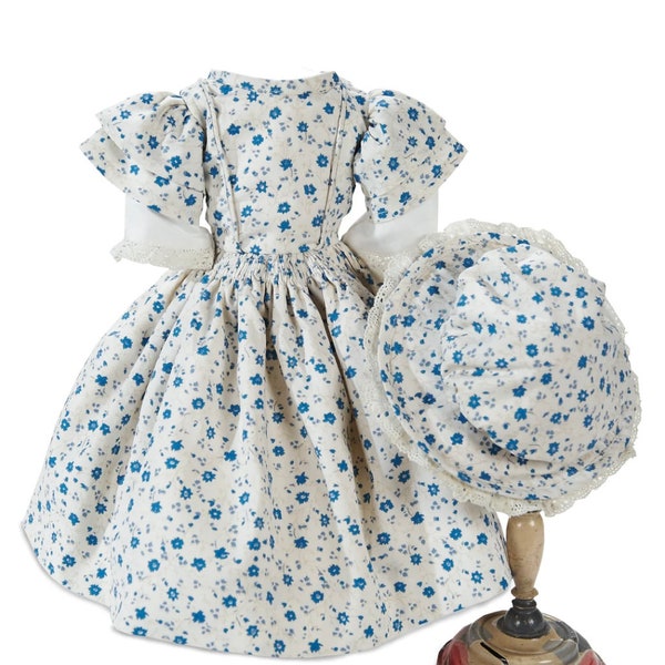 Vintage 3 piece Antique Blue & White Floral Print Doll Outfit including Bonnet  for 11-13” Doll