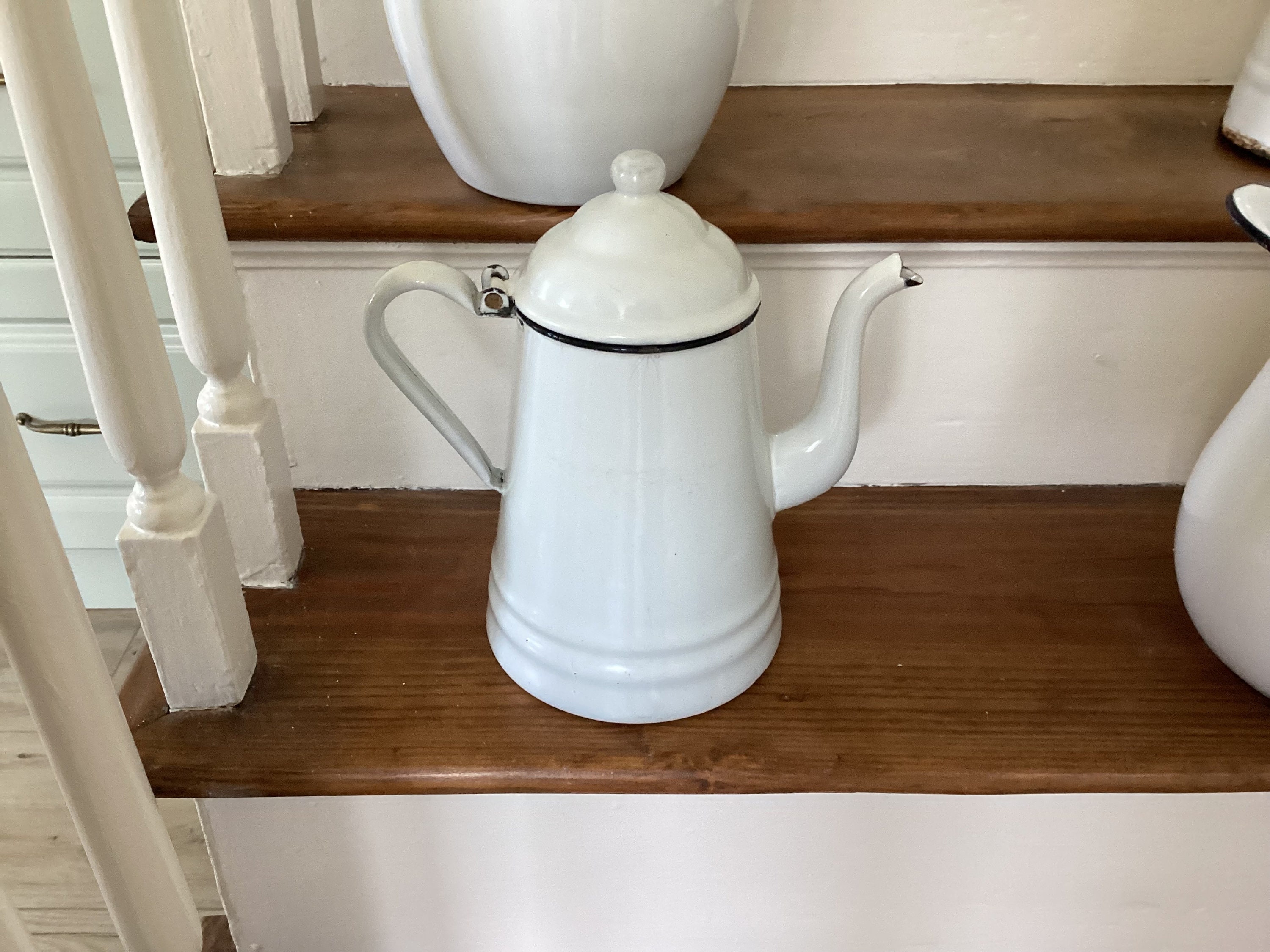 Antique Circa 1930  White  Enamel Kitchenware 2 pieces to Choose From  Coffee  Pot  or Pot  with wood Handle