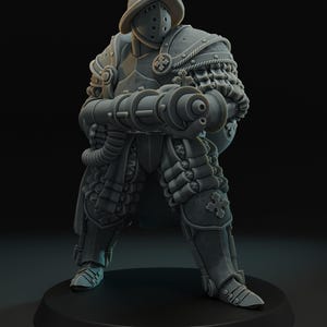 May include: A gray, detailed figurine of a warrior in ornate armor, holding a large weapon. The figure wears a helmet and is posed on a circular base. The armor features intricate designs and crosses, suggesting a fantasy or historical theme.