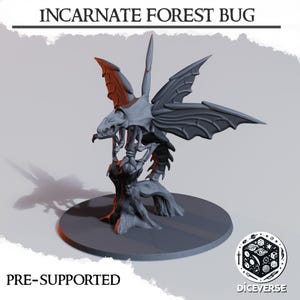 May include: A gray, pre-supported Incarnate Forest Bug miniature, perched on a tree stump base. The bug has detailed wings and a skeletal appearance. The text "INCARNATE FOREST BUG" and "PRE-SUPPORTED" are visible.