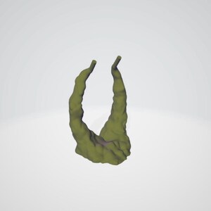 May include: A 3D-rendered, olive green, horn-shaped object. The horns curve upwards and have a textured surface. The object is set against a plain white background.