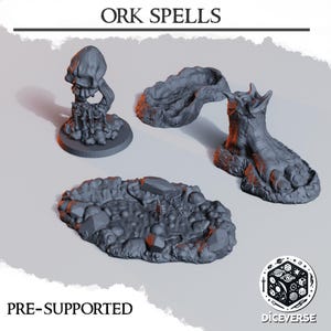 May include: A collection of gray, pre-supported Ork Spells miniatures. The set includes a skull-shaped spell, a curved spell, and a spell with a foot-like design. The text "ORK SPELLS" and "PRE-SUPPORTED" are visible.