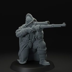 May include: A gray miniature figure of a soldier kneeling and aiming a rifle with a scope. The figure wears a helmet, armor, and a cloak. The miniature is on a black circular base.