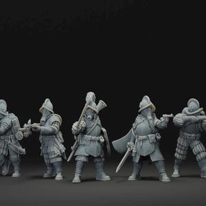 May include: Five gray miniature figures of soldiers in historical armor, each holding a weapon. The figures are standing in a row against a dark background. The weapons include halberds, swords, and a pistol.