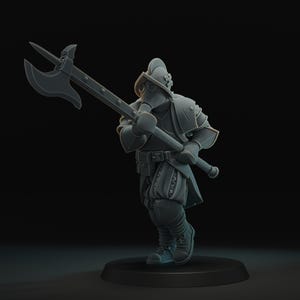 May include: A gray miniature figurine of a soldier in armor, holding a large axe. The figure is standing on a black base, with details including a helmet, shoulder pads, and a belt. The axe has a long handle and a double-sided blade.